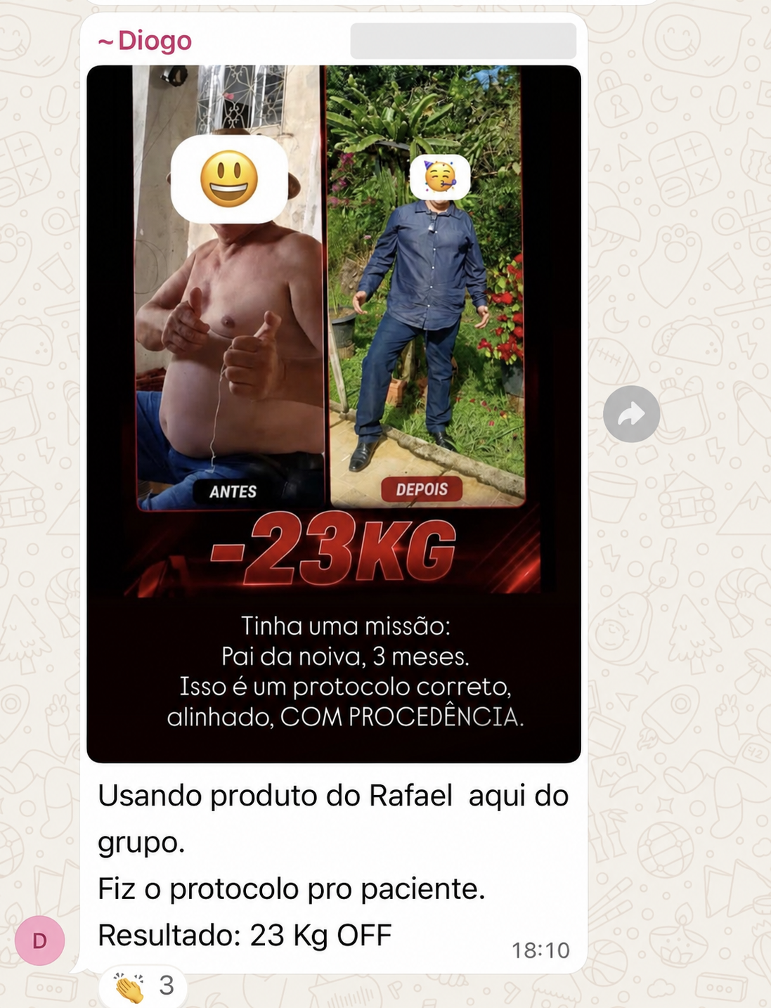 Depoimento real de cliente recebido pelo WhatsApp, conversa 3